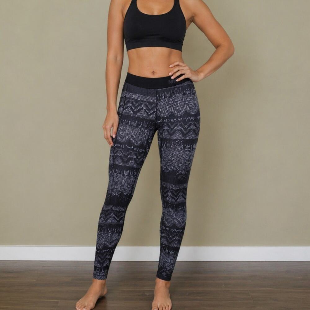 Nike Pro Dri Fit Leggings Womens Size L Black Gray Activewear Ankle Workout